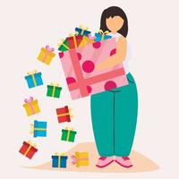 Eine Frau hält eine Kiste mit Geschenken, die herausfallen, es gibt viele Geschenke. vektor