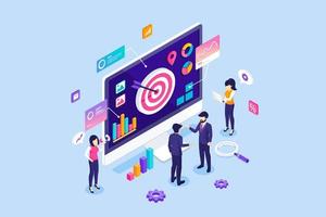 affärsstrategikoncept med affärsmän arbetar nära en gigantisk dator med diagramdata och grafdiagram. affärsplanering och mål, marknadsföring, finansiella rapporter. isometrisk vektorillustration vektor