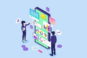 affärsdata analys koncept. affärsman och affärskvinna övervakar diagram och diagram finansiella rapporter och investeringar på en stor mobiltelefon. isometrisk vektorillustration vektor