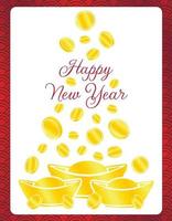 gratulationskort med bokstäver gott kinesiskt nytt år med guldmynt och barer på röd bakgrund med vågprydnad vektor