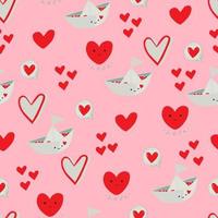 Vektor nahtlose Muster süßes Boot mit Herzen, Herzen und Sprechblasen. Hintergrund für Briefpapier, Stoffe, Websites, Verpackungen und Einladungskarten zum Valentinstag