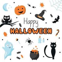 Set von Aufklebern für den Urlaub am 31. Oktober. Eule, Geist, schwarze Katze und Spinne. Schriftzug von Hand Happy Halloween. vektor