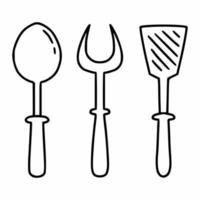 Besteck zum Kochen in der Küche. Löffel, Gabel und Spachtel. Vektorsymbol im Doodle-Stil. vektor