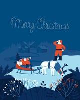 eine Postkarte mit dem Weihnachtsmann, der einem Reh Geschenke überbrachte und in die Ferne zum Dorf blickt vektor