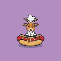 süßer Baby-Hirsch-Chef-Charakter mit Hotdog. Charakter, Maskottchen, Symbol und süßes Design. vektor