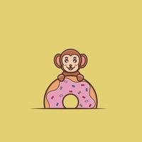 süßer Babyaffe auf Donuts. Charakter, Maskottchen, Logo, Cartoon, Symbol und niedliches Design. vektor