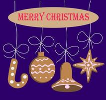 Weihnachtskarte aus Lebkuchen auf Schnur in Form einer Girlande auf blauem Hintergrund. Lebkuchen in Form von Haken, Kugel, Glocke, Stern. Neujahrsgrußkarte. Vektor-Illustration. vektor