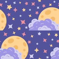 Nahtloses Muster des Nachthimmels mit Wolken und Mond, umgeben von Sternen in verschiedenen Formen in einem flachen Stil. vektor