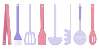 Küchengeräte zum Kochen, ein Löffel, ein Skimmer, ein Holzspatel, eine Schöpfkelle, eine Küchenzange, eine Grillbürste, ein Spaghettilöffel, eine flache Illustration vektor