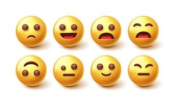 emoji tecken vektoruppsättning. 3d uttryckssymbol med glad, ledsen och söt ansiktskänsla isolerad i vit bakgrund för samling av emojis karaktärsgrafik. vektor illustration.