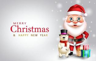 jul tecken vektor design. god jul hälsningstext med stående jultomten och isbjörn karaktär för julhelgen. vektor illustration