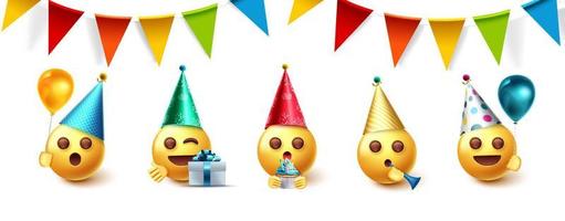 emoji födelsedagsfest vektor design set. emojis samling i festfirande med vimplar, ballonger och hattar som firar element för födelsedagen emoticon samling. vektor illustration.