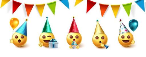 Emoji-Geburtstagsfeier-Vektor-Design-Set. Emojis-Sammlung bei Partyfeiern mit Wimpel, Ballons und Hüten, die Elemente für die Emoticon-Sammlung zum Geburtstag feiern. Vektor-Illustration. vektor