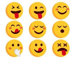 Emoji-Emoticons-Vektor-Set. Emojis flache Charaktere in errötenden, verrückten und glücklichen Emoticon-Seitenansichts-Gesichtsreaktion einzeln auf weißem Hintergrund für die Charakterausdruckssammlung. Vektor-Illustration. vektor