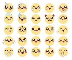 Emoji-Chibi-Zeichen-Vektorsatz. Kawaii Emojis-Kollektion mit süßen Gesichtsausdrücken in gelben Gesichtern für freundliches Cartoon-Emoticon-Design. Vektor-Illustration. vektor