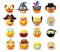 Emoji-Kostümzeichen-Vektorsatz. Emoji im niedlichen und gruseligen Maskerade-Party-Design mit Masken-Emoticon-Charakteren wie Clown, Hexe und Geist für die Avatar-Sammlung. Vektor-Illustration vektor