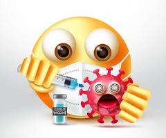 Emoji-Covid-19-Impfstoff-Vektordesign. Emoticons 3D-Charakter-Tötungsvirus durch Injektion von Impfstoff für die Pandemie-Impfkampagne Emojis-Charakterdesign. Vektor-Illustration vektor