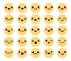 Emojis Chibi-Zeichen-Vektorsatz. Emoticon Kawaii Emoji Kollektion in gelben Gesichtern mit freundlichen und süßen Reaktionen für Emoticons Chibis Kollektionsdesign. Vektor-Illustration. vektor