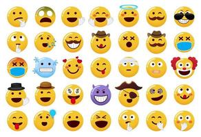 emoticon emojis vektoruppsättning. emoji-karaktärer med hand- och hattelement i roliga och söta ansiktsuttryck isolerade i vit bakgrund för insamling av uttryckssymboler. vektor illustration.