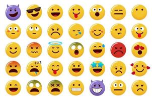 Emoticon Emojis Vektorset. Emoticons-Charakter einzeln auf weißem Hintergrund mit lächelnden, bösen, wütenden und kranken Gesichtsausdrücken für das Design von Emoji-Charakteren. Vektor-Illustration. vektor