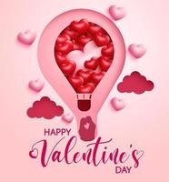 Valentinstag Heißluftballon Vektor Hintergrunddesign. Happy Valentinstag Text mit Paarcharakteren aus einem schwebenden Heißluftballon mit 3D-Herzen für romantisches Liebhaberdesign.