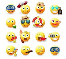 emoji sommar emoticon vektor set. uttryckssymboler i gul ikon med sommar karaktär strand och resor element isolerade i vit bakgrund för avatar samling design. vektor illustration