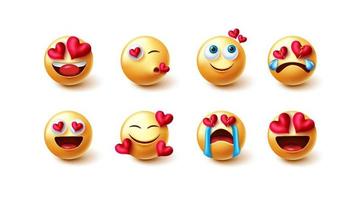 Emoji-Valentinsgrüße im Liebesvektorsatz. Emoticons-Charaktere in gelben Gesichtern mit Herz-Element in schönen und glücklichen Emotionen und Reaktion für Emojis-Charakter-Liebessammlungsdesign. vektor