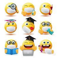 emoji covid-19 studenter vektoruppsättning. emojis studentkaraktärer bär ansiktsmask och håller pedagogiska element för skolstudier med säkerhetsriktlinjer emoticon samling design. vektor illustration