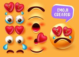 Emoji-Ersteller-Vektor-Set-Design. Emojis 3d in weinendem und gebrochenem Herzen mit bearbeitbaren Augen- und Mundgesichts-Kit-Elementen für die Erstellung von Emoticon-Gesichtsausdrücken. Vektor-Illustration