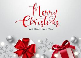 Frohe Weihnachten Text Vektor Hintergrunddesign. Frohe Weihnachten Typografie Text mit Geschenken und Schneeflocken Weihnachtselement in silbernem Hintergrund mit leerem Platz für Grußkartendekoration.