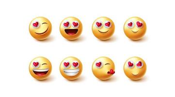 emojis valentinstag zeichen vektorsatz. Emoji-Charakter in 3D-Grafikdesign mit verliebten und glücklichen Gesichtsausdrücken für Valentinstag-Emoticon-Gesichter-Kollektionsdesign. Vektor-Illustration. vektor