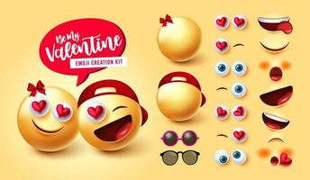 emojis par skapare vektor set. emoji valentines karaktär i 3d kit med söta älskare emoticon redigerbara ansiktsuttryck för valentine ansiktsskapande design. vektor illustration.