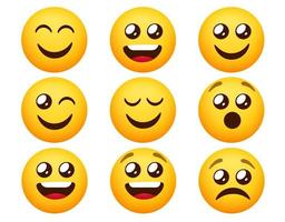 Emoticon Emoji-Vektorsatz. Emoticons-Charaktere in fröhlichen und traurigen Stimmungsausdrücken einzeln auf weißem Hintergrund für das Design der Emoji-Charaktersammlung. Vektor-Illustration. vektor