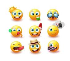 emoji sommar emoticon vektor set. Emojis gul ikon med ansiktsuttryck och strandelement för tropisk säsong karaktär emoticons samling design. vektor illustration