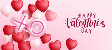 Valentinstag Vektor Hintergrunddesign. Happy Valentinstag Text mit Luftballons und schwebenden Herzdekorationselementen in rosa Hintergrund für romantische Grußbotschaften. Vektor-Illustration.