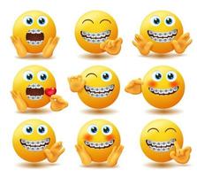 Emoji-Klammern Emoticon-Vektor-Set. Emojis in Zahnspangenfiguren mit reichen und weichen Handgesten wie überraschte und winkende Hände für niedliches und fröhliches Emoticons-Charakterdesign. Vektor-Illustration vektor