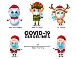 Weihnachten-Zeichen-Vektor-Set. Weihnachtsfiguren, die Gesichtsmaske für Covid-19-Richtlinien tragen, Kampagne für das neue Design der normalen Weihnachtselemente-Kollektion. Vektor-Illustration. vektor