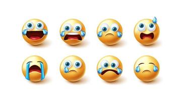 Emoji weinende Zeichen Vektor-Set. 3D-Emojis-Charaktere in weinenden, laut lachenden und verwirrten grafischen Gesichtssammlungen für Emoticons-Stimmungsgesichtsausdruck-Design. Vektor-Illustration. vektor