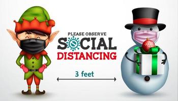 jul socialt distanserande vektordesign. social distanserande text med elf och snögubbe 3d-karaktärer på avstånd som bär ansiktsmask för julsäsongens säkerhet och skydd. vektor illustration.