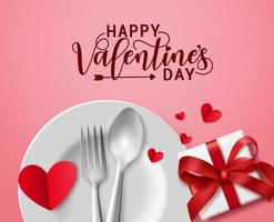 glad alla hjärtans dag romantiska datum vektor koncept. Alla hjärtans dag hälsningstext med romantiska datumelement som sked, gaffel, tallrik och presenter för alla hjärtans dag i röd bakgrund. vektor illustration.