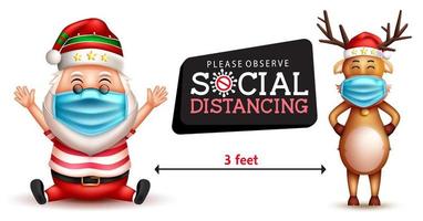 Weihnachten Social Distancing Vektordesign. Sozialer Distanzierungstext mit Weihnachtsmann und Rentier 3D-Charakteren, die Gesichtsmaske für die Sicherheitskampagne in der Weihnachtszeit tragen. Vektor-Illustration. vektor