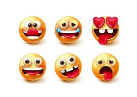 Emoji-Zeichenvektorsatz. Emoticon 3D-Charaktere in lustigen, verrückten, weinenden und verliebten Gesichtsausdrücken einzeln auf weißem Hintergrund für das Design der Emojis-Sammlung. Vektor-Illustration vektor