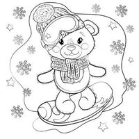 süßer Cartoon-Teddybär in einem Strickschal, Mütze, Brille und auf einem Snowboard. Vektor-Winter-Umriss-Abbildung. neues Jahr, Weihnachtsillustration mit Schneeflocken im Hintergrund. Malvorlagen. vektor