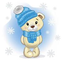 Weihnachtskarte niedlicher Cartoon-Teddybär in einer Mütze und einem Schal auf einem blau-weißen Hintergrund mit Schneeflocken. vektor