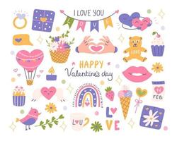 Valentinstag mit dekorativen Elementen, Liebessymbolen und Inschriften. flache Vektorgrafik vektor