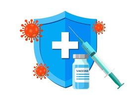 Coronavirus-Infektions-Impfstoffampulle mit Spritze auf blauem Gesundheitsschutzschild. Impfung gegen Covid-19-Krankheit. medizinisches 2019-ncov-schutzmittel. Vektor isoliertes Symbol für die menschliche Impfkampagne