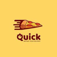 logotyp för snabb pizzaleverans, snabbmatslogotyp för snabbmat pizzarestaurang med flygande kula hastighet skiva pizzaikonillustration i tecknad stil vektor