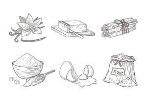 bakning ingredienser graverade illustrationer set. samling av handritade matskisser för logotyp, recept, klistermärke, tryck, bagerimenydesign och dekoration vektor