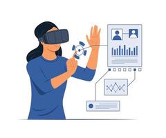 Frau trägt die Virtual-Reality-Brille, um die Infografik-Simulation zu sehen. vektor