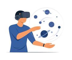 Mann trägt die Virtual-Reality-Brille, um die Kosmos-Infografik zu sehen. vektor